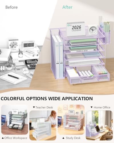 WALI Desk File Organizer, 6 Tier Desktop Paper Letter Tray Organizer with Drawer and 2 Pen Holders, Office Desk Accessories & Workspace Organizers for Office, Home Supplies(DO007DH-V), 1 Pack, Purple - Image 6