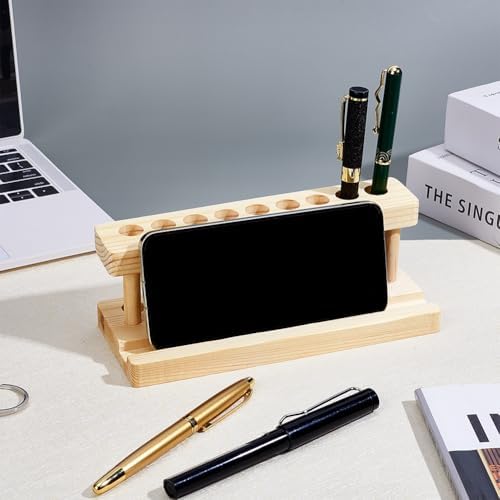 PH PandaHall Wooden Pen Display Stand Wood Pencil Holder for Desk, Solid Wood Pen Organizer with 9 Slots and Phone Holder for School Office Home Store, 7.87x3.15x2.68 inches - Image 4