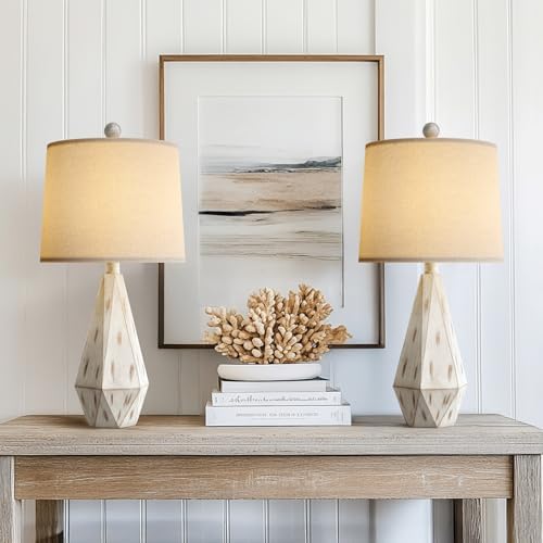 PoKat 23'' Farmhouse Table Lamps Set of 2, Beige Rustic Lamps for Living Bedroom Night Stands, Bedside Nightstands Living Room Table Lamps for End Side Table, Beige and White - Image 3