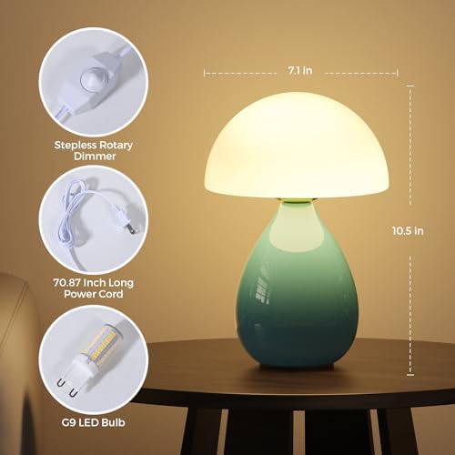 Mushroom Lamp, Vintage Small Table Lamp for Bedroom, Ice Crack Ceramic LED Night Light for Kids, Mid Century Modern Bedside Lamp for Nightstand, Living Room, Home Decor Gift Ideas for Women, Blue - Image 4
