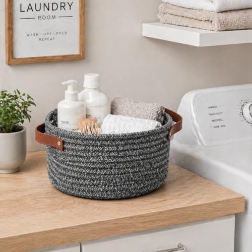 Small Woven Cotton Rope Basket with Leather Handle, Grey - Image 4