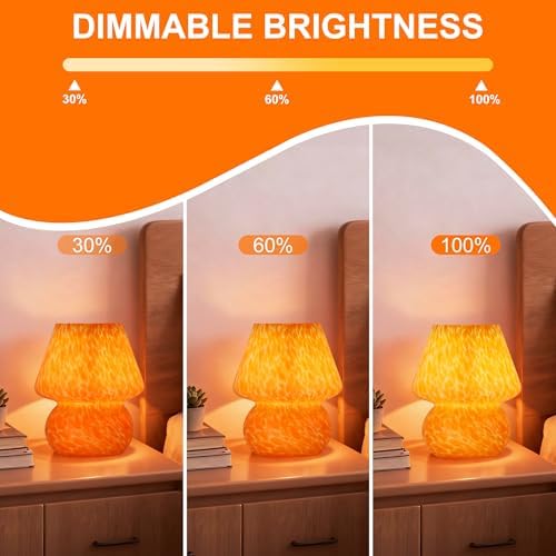Mushroom Lamp with LED Bulb, Small Glass Bedside Lamp, Coral Orange - Image 3