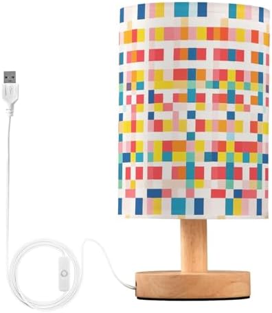 Vibrant Mosaic Colorful Checkered Bedside Table Lamps with USB Port for Bedroom Lamp Table Lamp Small Nightstand Lamp Sturdy Linen Shade Wooden Decorative Lamps for Home Dorm Office Living Room by Fustylead