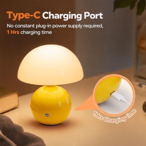 Senzoy Glass/Ceramic Mushroom Table Lamp, Yellow Bedside Night Lamp - Image 5