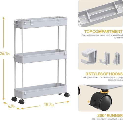 2 Pack 3 Tier Slim Storage Cart, Bathroom Rolling Utility Organizer - Image 2