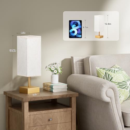 aooshine Gold Small Bedside Lamp for Bedroom - Square Cream Fabric Shade - Image 2