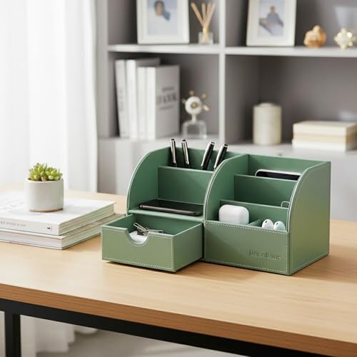 UnionBasic Desk Organizer - Multifunctional Leather Desktop Pen Holder Storage Box - Business Card/Pen/Pencil/Mobile Phone/Stationery Holder, Malachite Green - Image 6