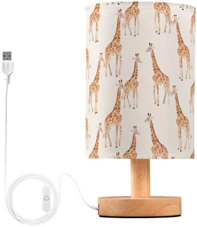 Brown Cartoon Giraffes on Beige Background Bedside Table Lamps with USB Port for Bedroom Lamp Accent Table Lamp Small Nightstand Lamp Sturdy Linen Shade Wooden Decorative Lamps for Home|Kids|Holiday by Fustylead