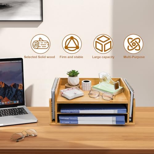 ZOOFOX Cute Cat-Shaped Bamboo Desk Organizer, 3-Tier Paper Letter Tray with 2 Vertical Mail Slots, Wooden Desktop File Holder and Sorter for Office Home - Image 6