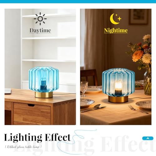 Mid Century Modern Table lamp Small Table Lamps with Touch Metal Base and Blue Glass Shade Vintage Gold Desk lamp nightstand lamp Bedside Table lamp for Bedroom Living Room Office - Image 2