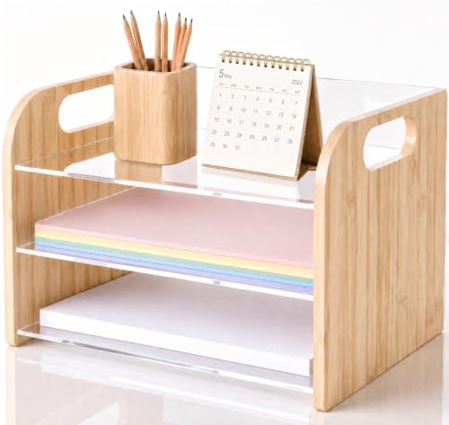 Marsui 3 Tier Desk Paper Organizer, Bamboo & Acrylic Letter Trays Classroom by Marsui