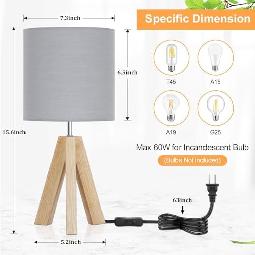 Brightever Small Bedside Table Lamp, Wooden Tripod Modern Table Lamp with Grey Linen Fabric Shade, Farmhouse Nightstand Lamp for Living Room, Bedroom, Home, Nursery, Office - Image 4