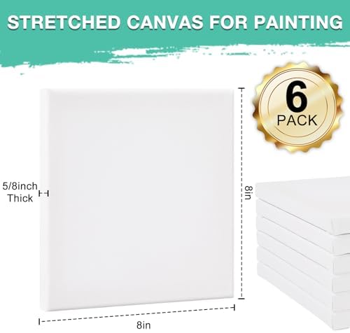 ESRICH Stretched Canvas, 6 Pack 8x8, Primed Acid-Free, Wood Framed Blank Canvas, Art Canvases for Beginners, Artists, Used for Oil, Acrylic Paint, Pouring Painting - Image 2