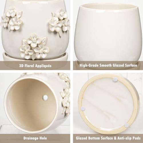 6 Inch Ceramic Plant Pot with 3D Floral Relief Embossed Texture Ivory White - Image 3