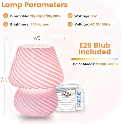 ULAROOM Dorm USB Plug-in Mushroom Lamp Small Bedside Table Lamp with 3 Temperature LED Bulb, Free Dimming Nights Light for Bedroom/Living Room/Entryway/Corner/Table Decor (Stripe Pink) - Image 5