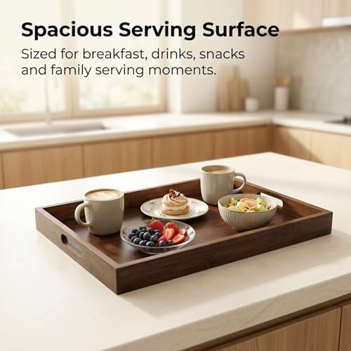 Acacia Wood Serving Tray with Handles, 17"x12" Large Rectangular Decorative Wooden Tray, Coffee Table Tray for Breakfast, Drinks, Snacks in Bed, Decorative Wooden Tray for Home - Image 5