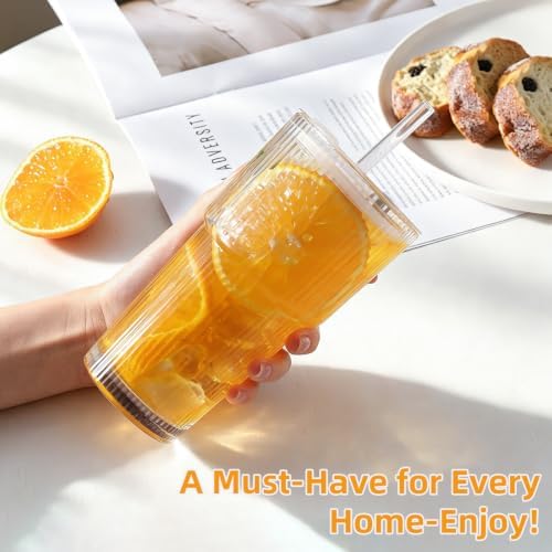 3 Pack Ribbed Glass Tumbler with Straw and Lid: Leak Proof Glass Cups with Lids and Straws - Coffee Bar Accessories - To Go Iced Coffee Cups with Lids - Tumbler Leak Proof Iced Coffee Cups with Lids - Image 6