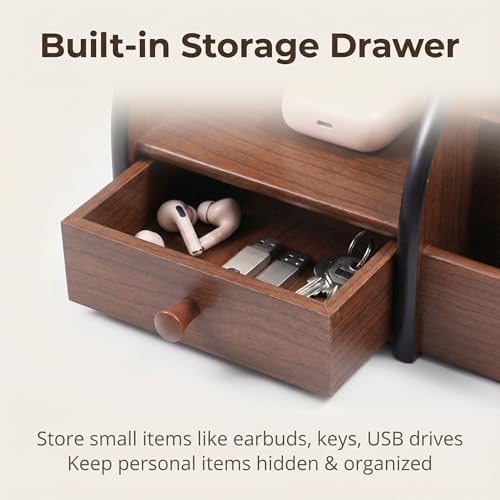 Wooden Desk Organizer with Drawer, Multi-Compartment Desktop Storage for Office Supplies, Remote Control, Phone, Makeup & Accessories - Image 4