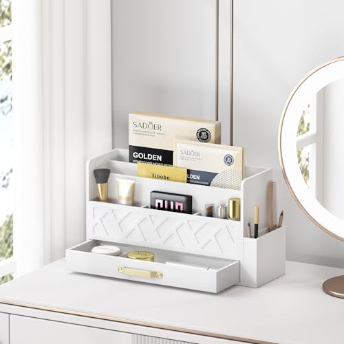 Wisuce Bamboo Mail Organizer Countertop with Drawer and Pen Holder, White - Image 2