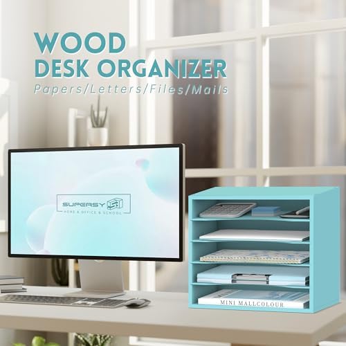 5 Tier Wood Desk Organizer, Mail Sorter and Paper Organizer for Desk, Blue - Image 2