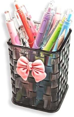Pen Holder for Desk Cute Acrylic Makeup Brush Holder, Woven Texture with Bow Decor, Desk Stationery Desktop Caddy Cosmetic Accessories for Office, Home, School, Kitchen - Smokey Grey by cgllwnmix