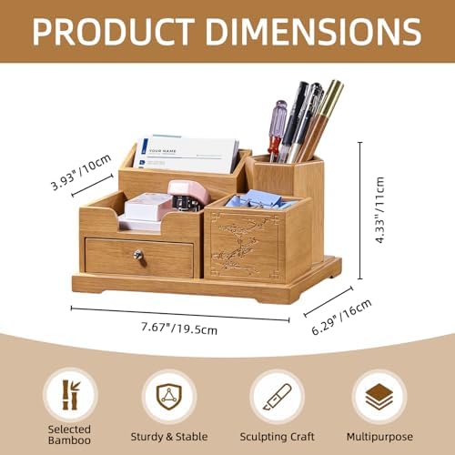 Bamboo Desk Organizer with Drawer & Pen Holder, Office Desk Caddy Storage - Image 2