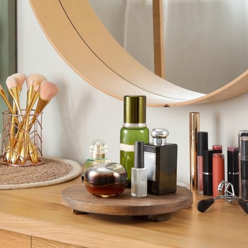 Small Round Decorative Tray Burnt Wood Bathroom Counter Organizer Pedestal Stand Farmhouse Kitchen Decor Wooden Riser for Soap Dish, Perfume, Candle, Sponge, 9" - Brown - Image 5