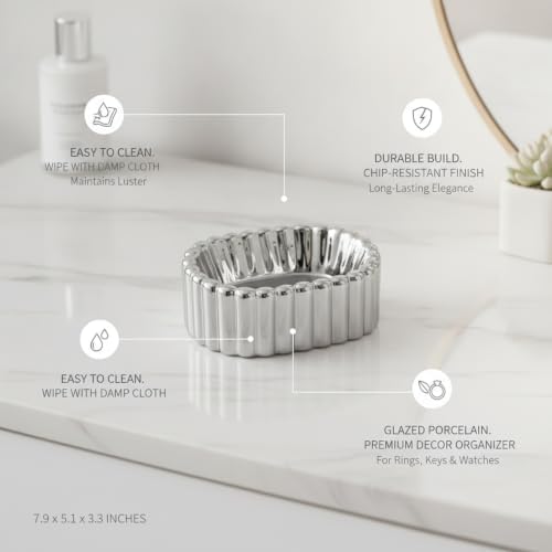 Modern Minimalist Glazed Porcelain Valet Tray, Decorative Catchall Dish for Rings and Keys, Compact Vanity Organizer, 7.9 x 5.1 x 3.3 Inches - Image 5