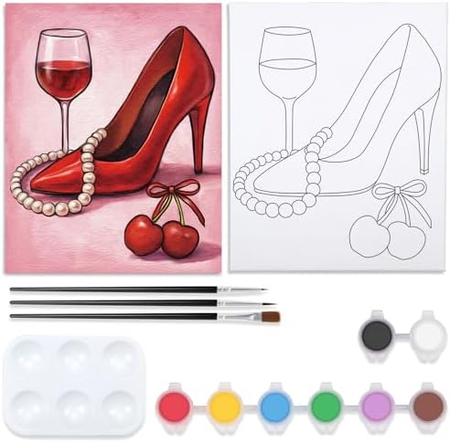 VOCHIC Pre Drawn Canvas Painting Kit for Adults for Painting Party Kit Paint and Sip Party Supplies 8 Colors,3 Brush,1 Pallet Art Set Girl High Heel Glass Necklace 8x10 in by VOCHIC