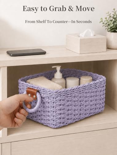 Small Wicker Baskets, 3 PCS Paper Rope Baskets for Shelves, Purple - Image 5
