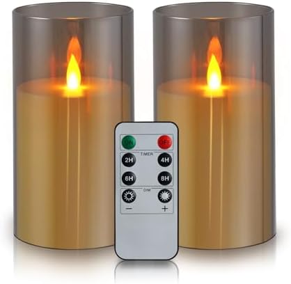 wemarry Flameless Candles Acrylic Glass Pillars 3" D x 6" H Battery Operated Flickering Candles Include 8-Key Remote with Timer Function 400+ Hours (Gray, Warm Light 2 Pack) by wemarry