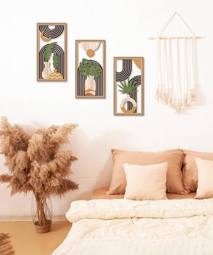 Putuo Decor Boho Abstract Wall Art Set of 3, Modern Minimalist Wooden Wall Decor, Geometric Aesthetic Botanical Artwork, Mid-Century Modern Design for Living Room, Bedroom, Office, Black 16.5 x 8.6 - Image 5