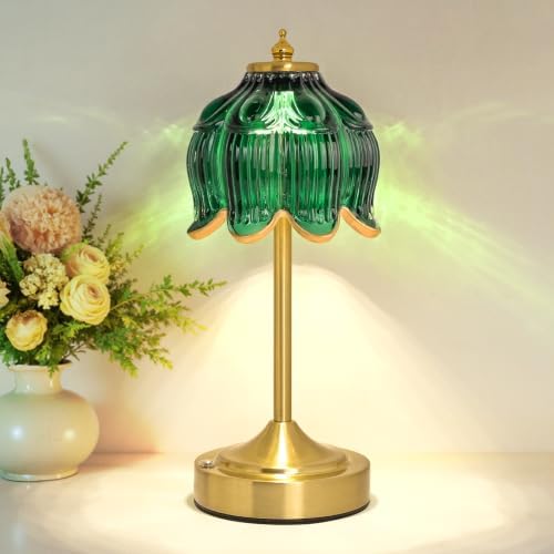 Cordless Table Lamp, Rechargeable Dark Green Glass Lotus Flower Lamp by Unknown