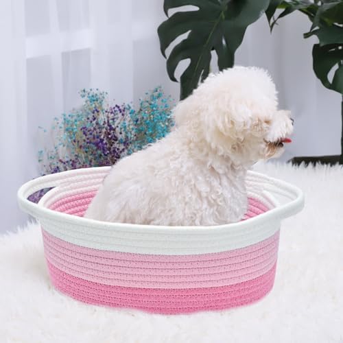 ABenkle Small Basket with Handles, Boho Decorative Rope Woven Dog Cat Toy Storage Bin Shelf Storage Organizer, Easter Christmas Gift Basket, 12"x8"x5" - Image 4