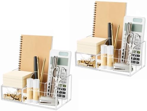 HBlife Acrylic Desk Organizer with Drawer, Pen & Pencil Holder, Multifunctional Desktop Caddy for Office Supply and Organization (Clear, 2 Pack) by HBlife