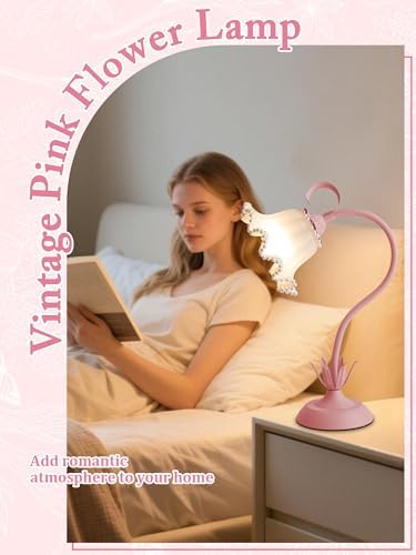 Flower Table Lamp LED Reading Light Vintage Night light (Pink Pearls) - Image 2