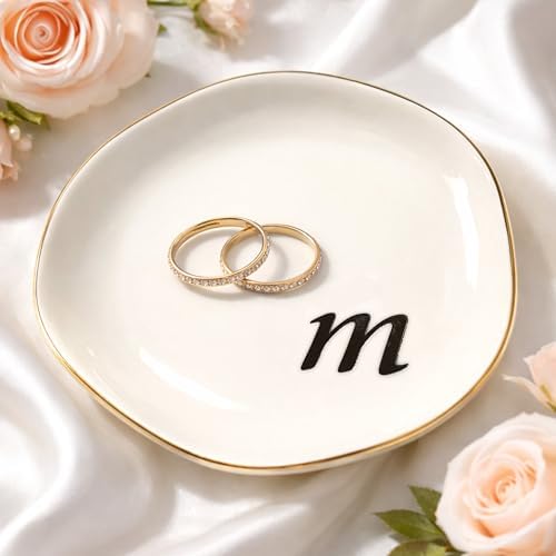 Initial Ring Dish - White Ceramic Jewelry Tray for Nightstand & Sink, Anti-Loss Trinket Organizer, Meaningful Engagement or Birthday Gift for Women, Sister, Friends (Letter M) by Unknown