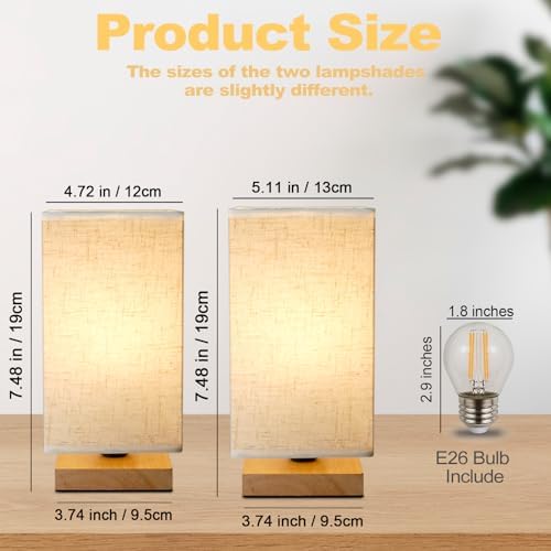 Small Square Bedside Table Lamp for Bedroom set of 2,Minimalist Wood Base & Round Fabric Shade,Mini Cute Cozy Warm Nightstand Boho Lamp, Study Desk Night Stand Light for Room,Dorm,Nursery,Living Room - Image 2