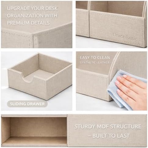 UnionBasic Desk Organizer - Multifunctional Leather Desktop Pen Holder Storage Box - Business Card/Pen/Pencil/Mobile Phone/Stationery Holder, Beige - Image 2