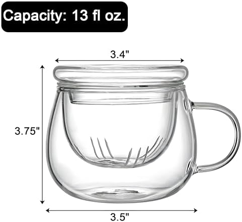 Tosnail 2 Pack 13 Ounce Glass Tea Cup Set with Lid and Infuser, Clear Teacups with Strainer for Loose Tea Brewing - Image 2