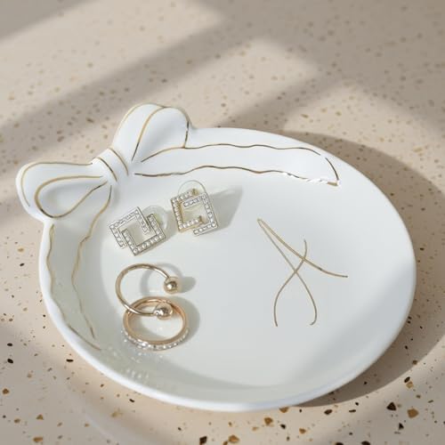 COLLECTIVE HOME Ceramic Jewelry Tray, Monogram Trinket Dish with Bow (A) by COLLECTIVEHOME