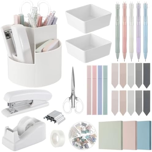 Kosiz 27 Pcs Black White Desk Accessories Gift for Aesthetic Desk Organizer Neutral Office Supplies Pen Holder Stapler Binder Sticky Notes Paper Clips Scissor Staples for Back to School(Fashion) by Kosiz