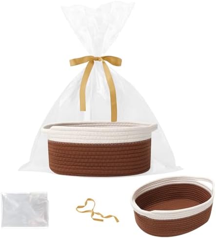 Woven Rope Basket - Baby Gift Basket with Bag & Ribbon, White&Brown by HZFTJOY