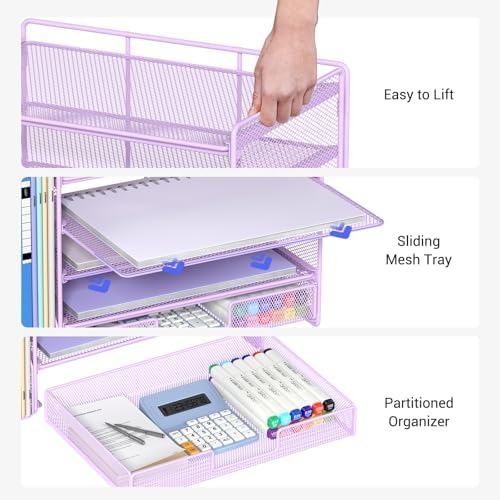 OPNICE Desk Organizer, 5-Tier Desktop File Organizer with Drawer and Pen Holders, Office Desk Accessories, File Sorters, Workspace Organizers for Office Supplies(Purple) - Image 5