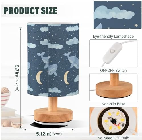 Cute Whale Clouds Moon Star Deep Blue Bedside Table Lamps with USB Port for Bedroom Lamp Accent Table Lamp Small Nightstand Lamp Sturdy Linen Shade Wooden Decorative Lamps for Kids|Reading|Dorm|Home - Image 4