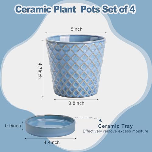 EFISPSS Plant Pots,5 Inch Pots for Indoor Plants,Planters with Drainage Hole and Saucer, Ceramic Flower Pots Desktop Office Windowsill Decoration Gift Set of 4 - Sky Blue - Image 2