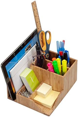 MobileVision Bamboo Multi-Function Desktop Organizer; Store stationary items like notepads, file folders, paperclips, business cards, pens, & more - Image 3