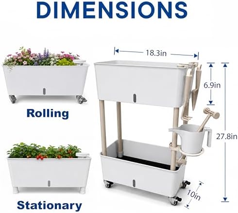 2-Tier 27.8"H Rolling Raised Garden Bed with Wheels, Self Watering Planter Box with Visible Water Level, Gray Rustproof Plastic Herb & Strawberry Planter for Indoor Outdoor Vegetables Flowers, DIY Kit - Image 6