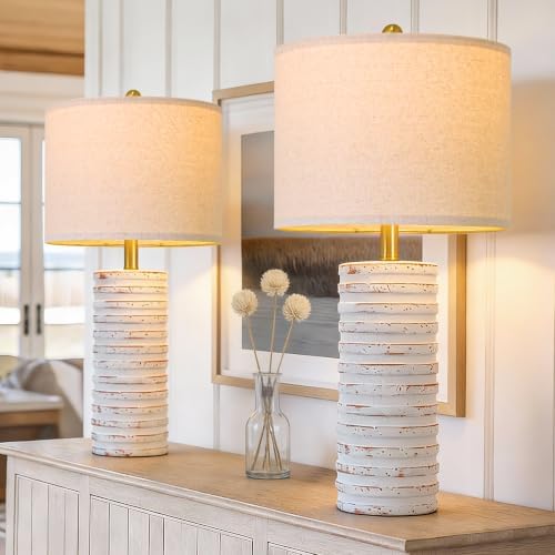 PoKat 27'' Tall Table Lamps for Living Room, Farmhouse Bedside Lamps Set of 2 for Bedroom, Rustic Ceramic Nightstand Lamps with Linen Lampshade Distressed Design for Office Entryway Hallyway (White) by Pokat