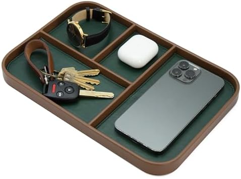 MUUJEE Leather Catchall Multitray (Design 3) - 11.65 x 7.75 x 0.8, Nightstand Entryway Bedside Dump Tray Valet Organizer for Keys Phone Wallet Watch Glasses Pens, Office Desk Accessory for Men, Green by MUUJEE